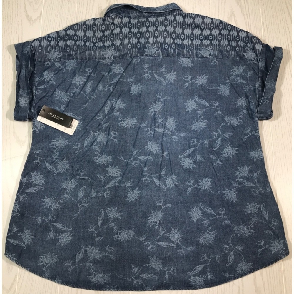 Liverpool Los Angeles Floral Shirt Women XL Indigo Blue Lyocell Button Up New
